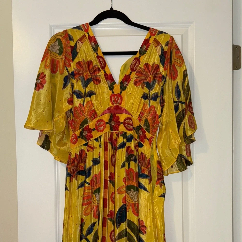 Farm Rio Yellow Midi Dress Flutter Sleeves NWT Size XS - Picture 2 of 4